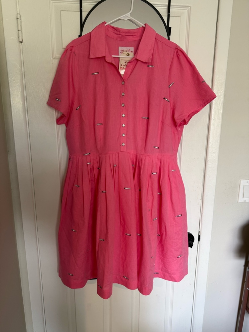Women's Pink Midi Shirt Dress with Embroidered Details